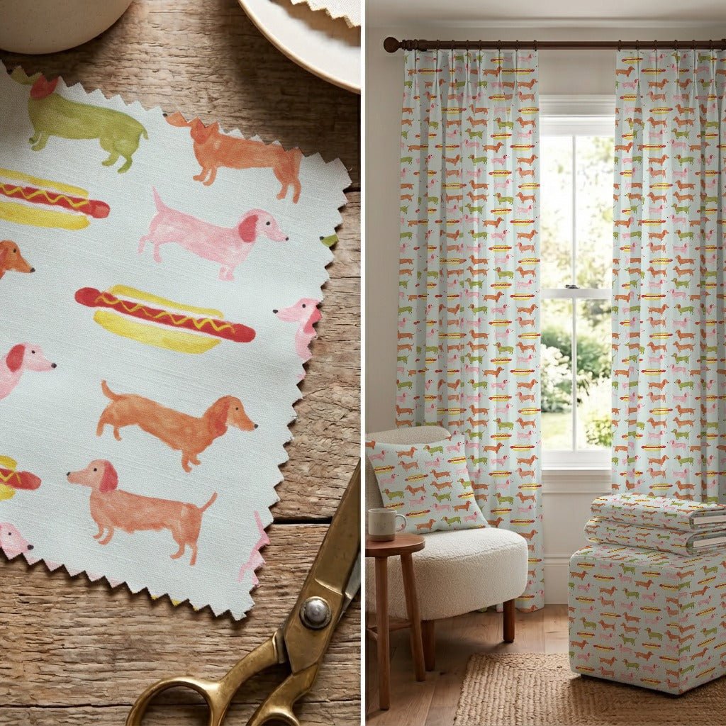 Dachshunds And Hotdogs - Fabric - Linen Rowe