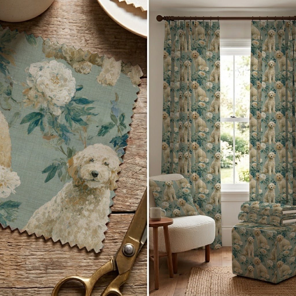 Dahlias and Dogs - Fabric - Linen Rowe
