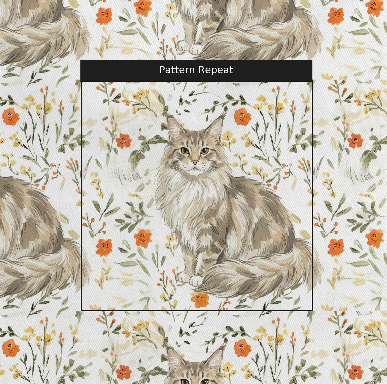 Floral Maine Coone - Fabric - Linen Rowe