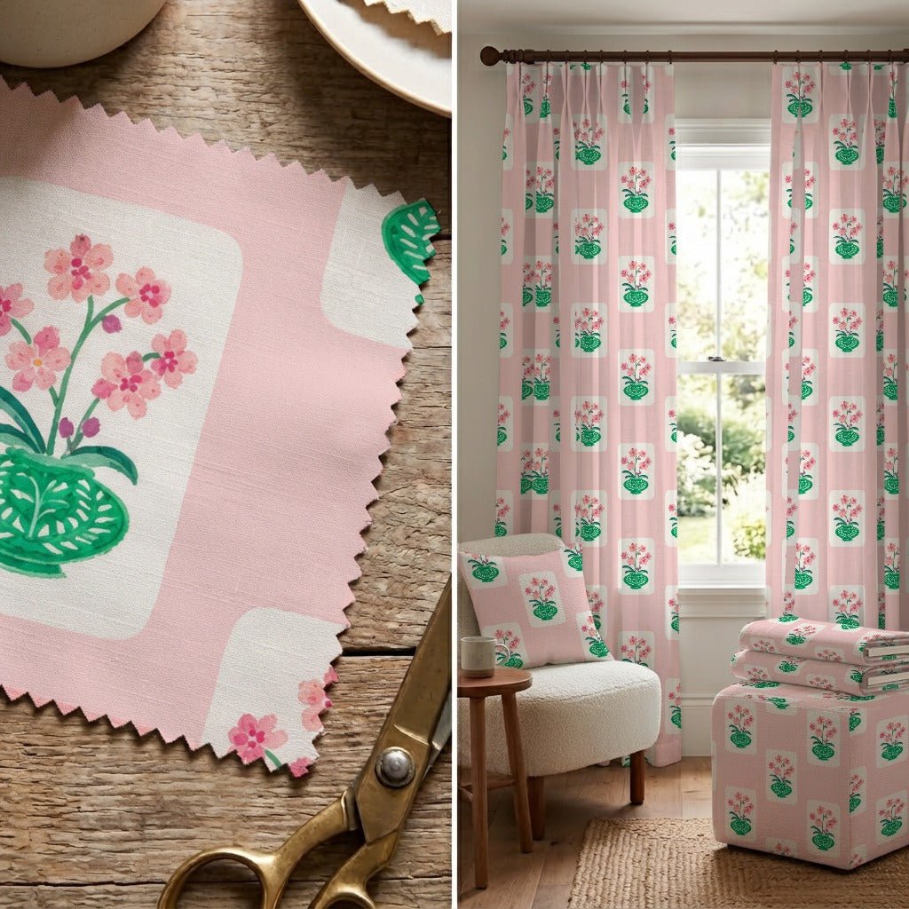 Flower Tiles on Pink - Fabric - Linen Rowe