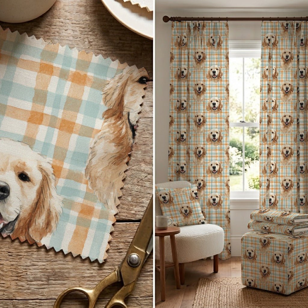 Golden Retriever Cottage Gingham - Fabric - Linen Rowe