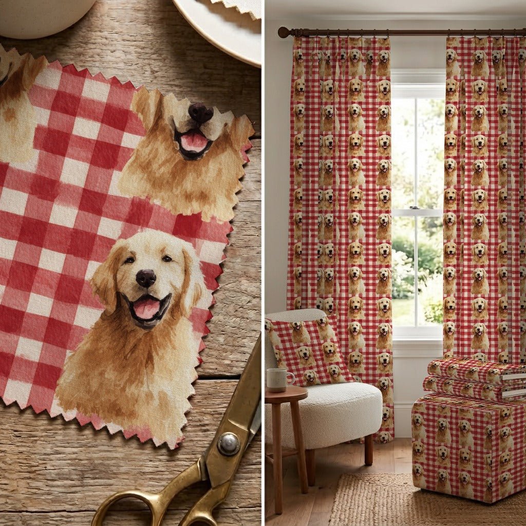 Golden Retriever Picnic Gingham - Fabric - Linen Rowe