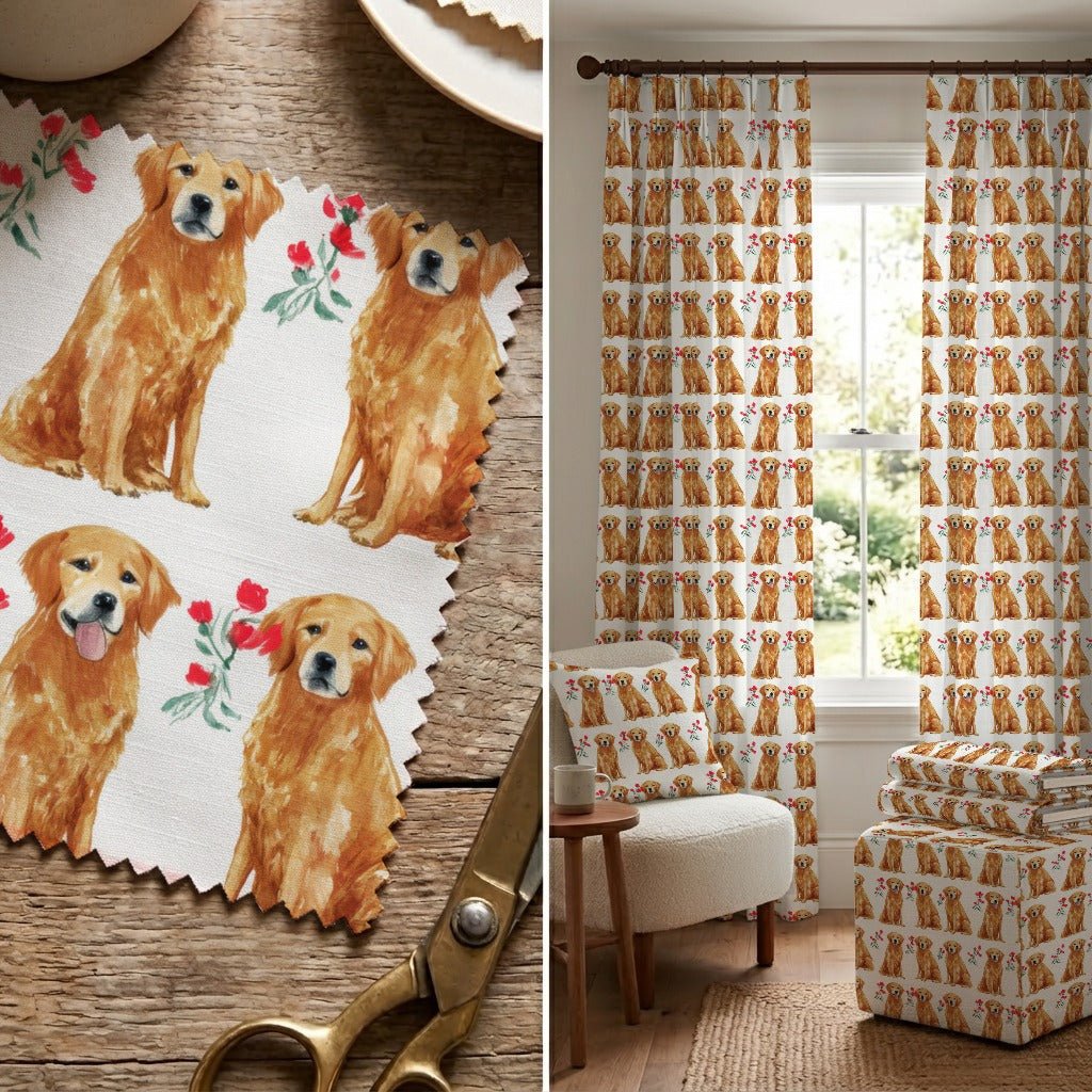 Golden Retrievers & Poppies - Fabric - Linen Rowe