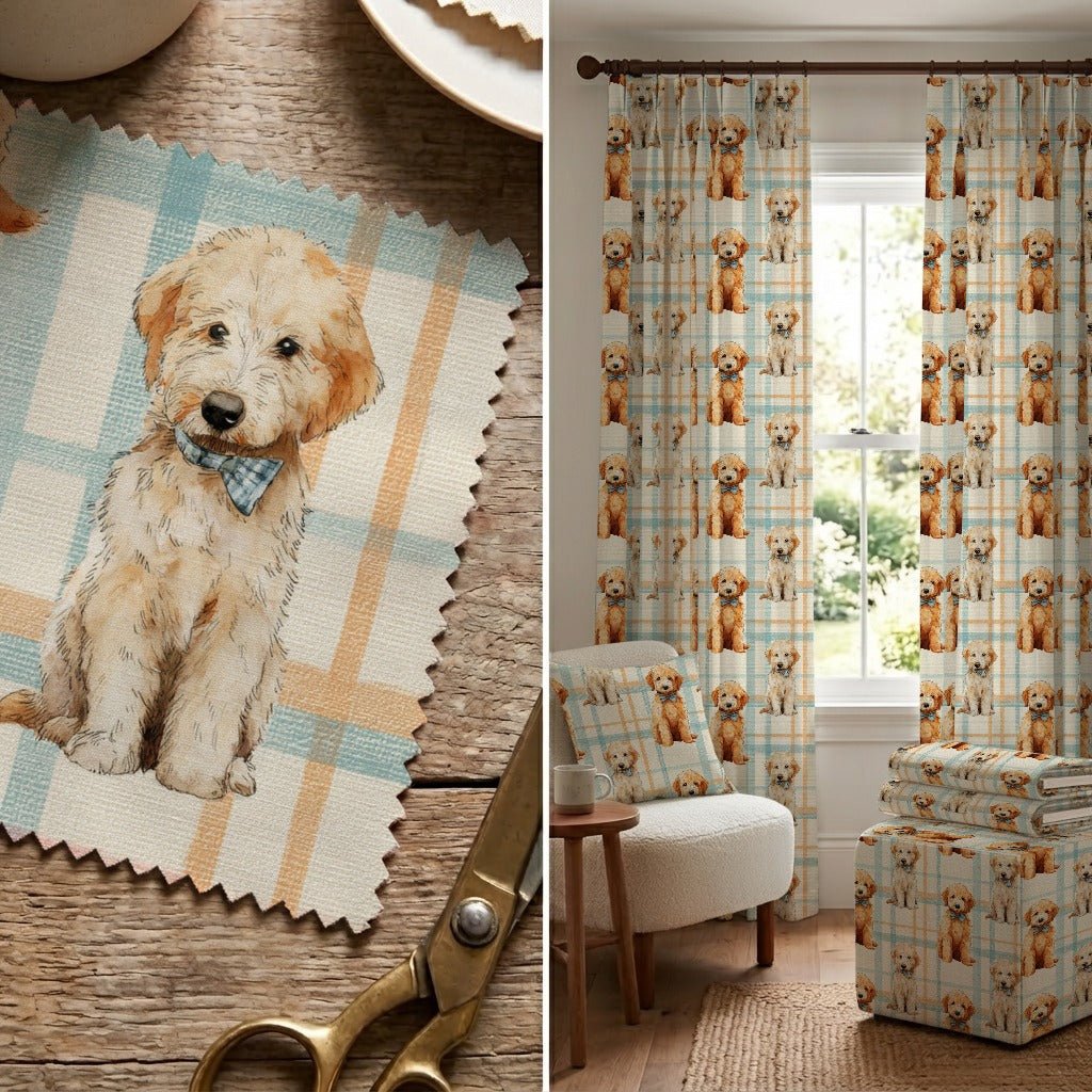 Goldendoodle Blue Plaid - Fabric - Linen Rowe