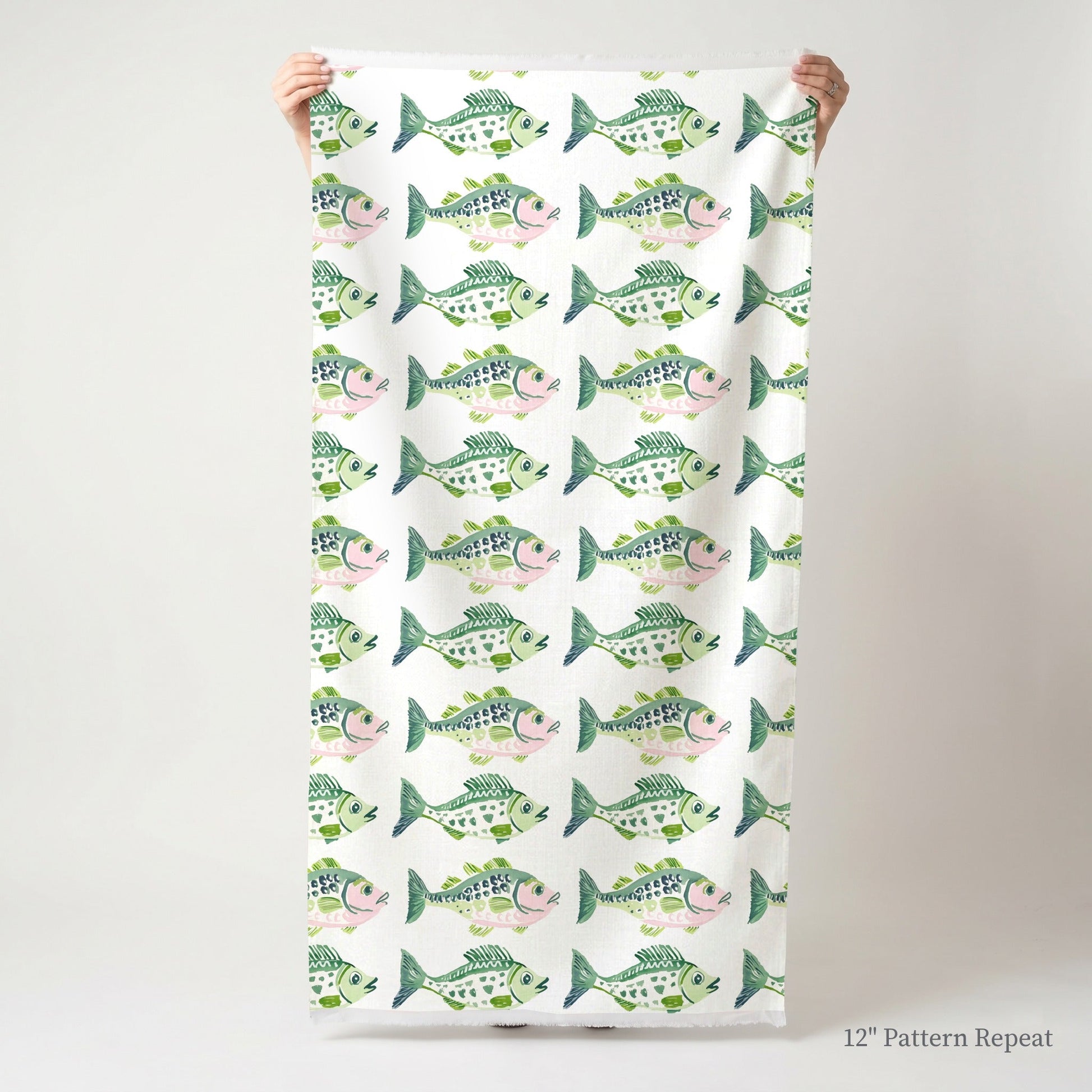 Green and Pink fish - Fabric - Linen Rowe