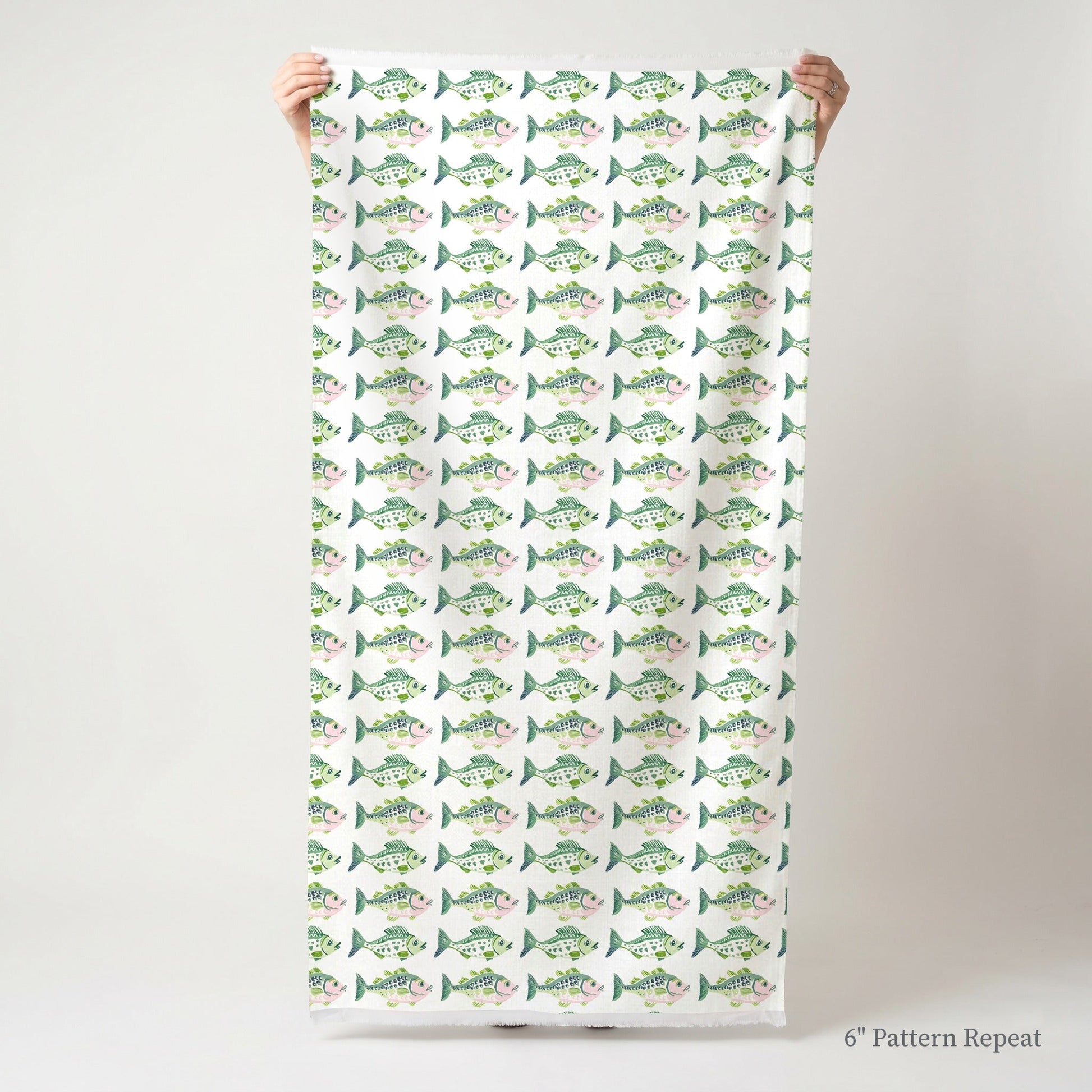 Green and Pink fish - Fabric - Linen Rowe