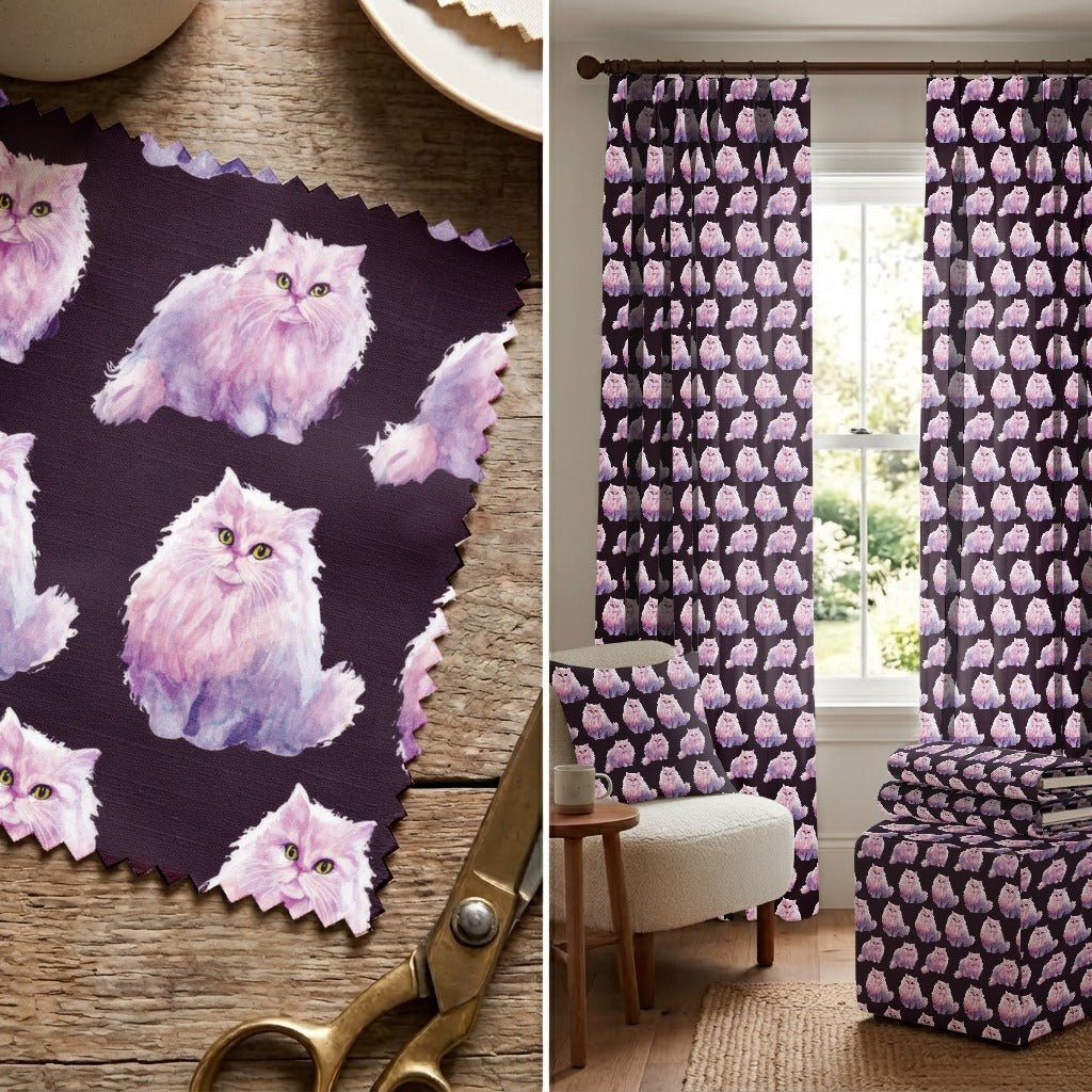 Mauve Persian Cats - Fabric - Linen Rowe