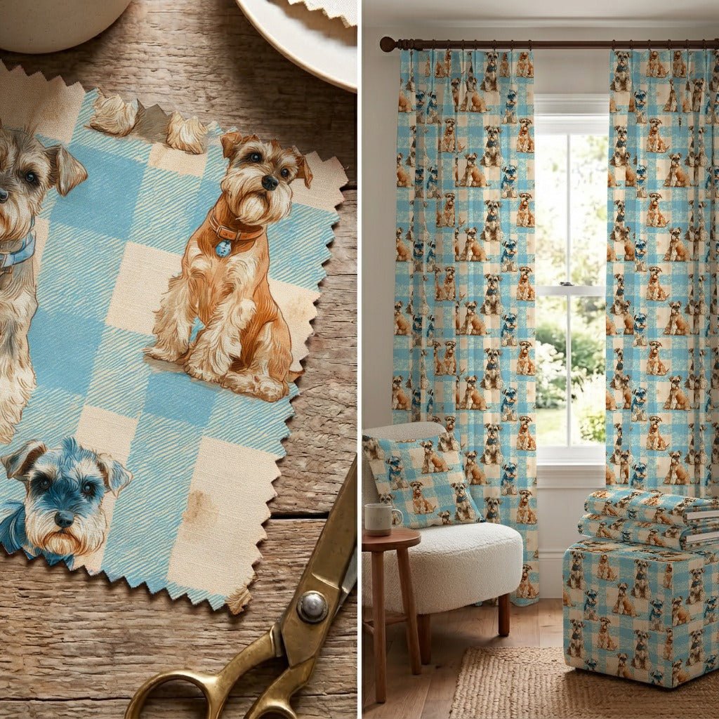 Mini Schnauzer Cottage Gingham - Fabric - Linen Rowe
