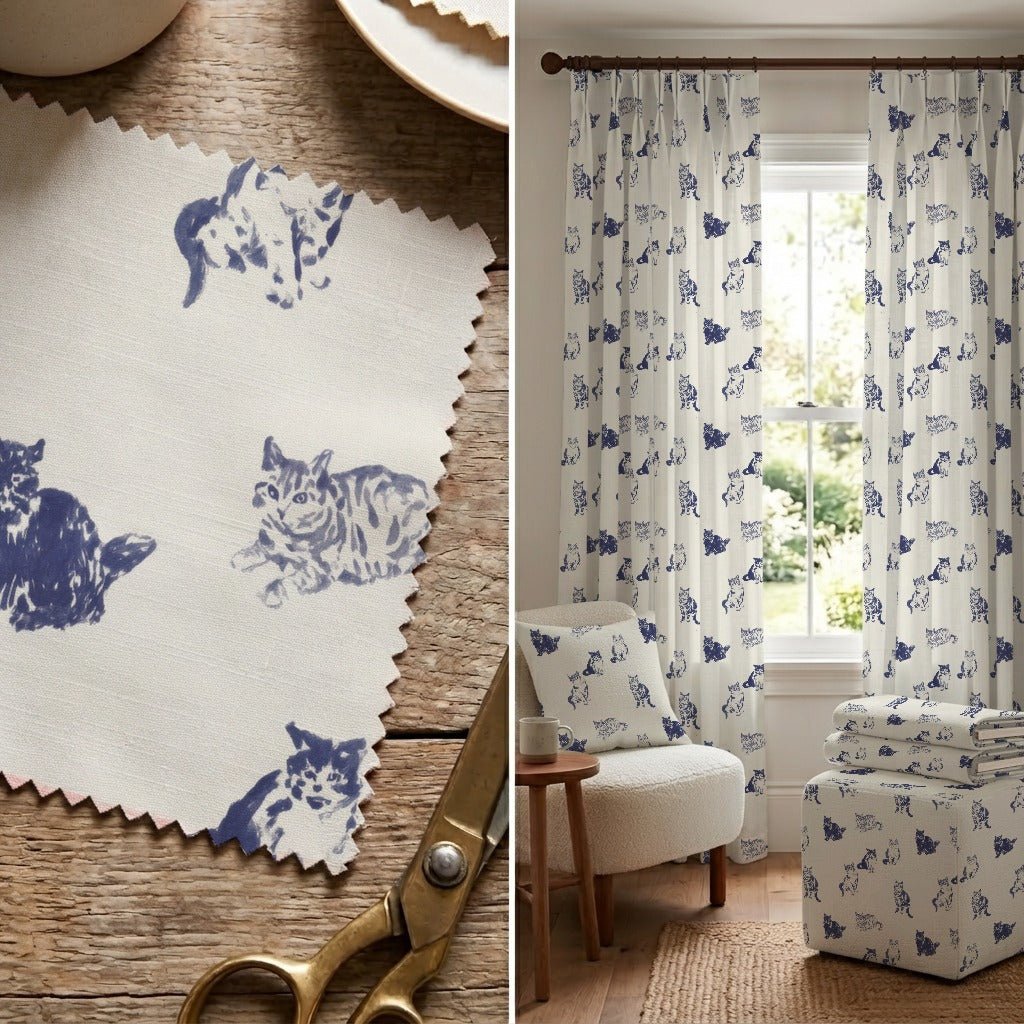 Navy Kitties - Fabric - Linen Rowe
