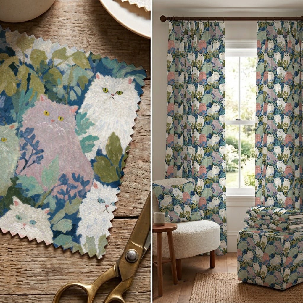 Persian Cat Meadow - Fabric - Linen Rowe
