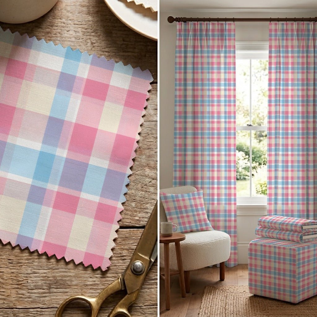 Pink and Blue Plaid - Fabric - Linen Rowe