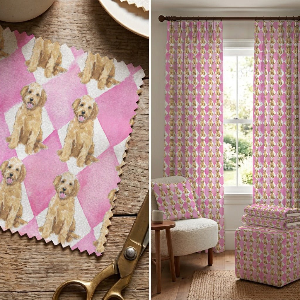 Pink Harlequin Goldendoodles - Fabric - Linen Rowe
