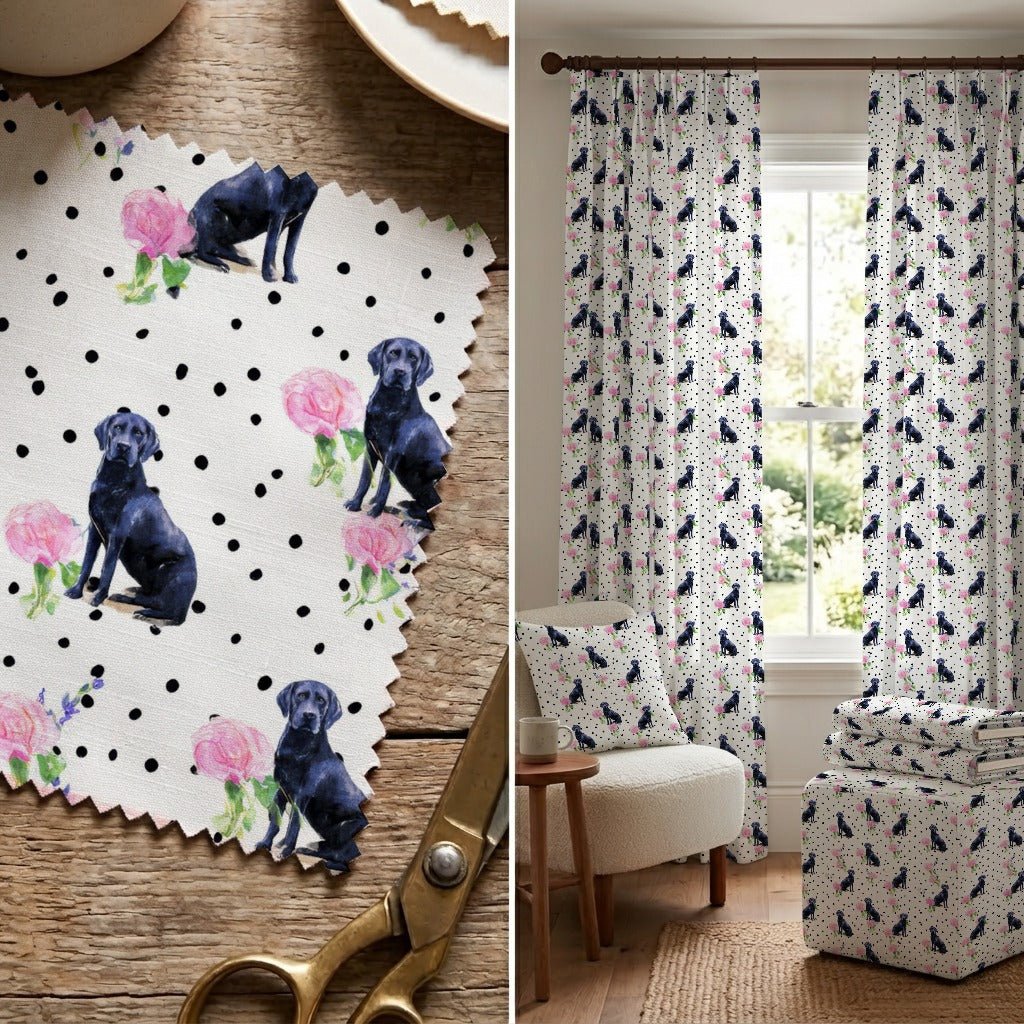 Polka Petal Black Labs - Fabric - Linen Rowe