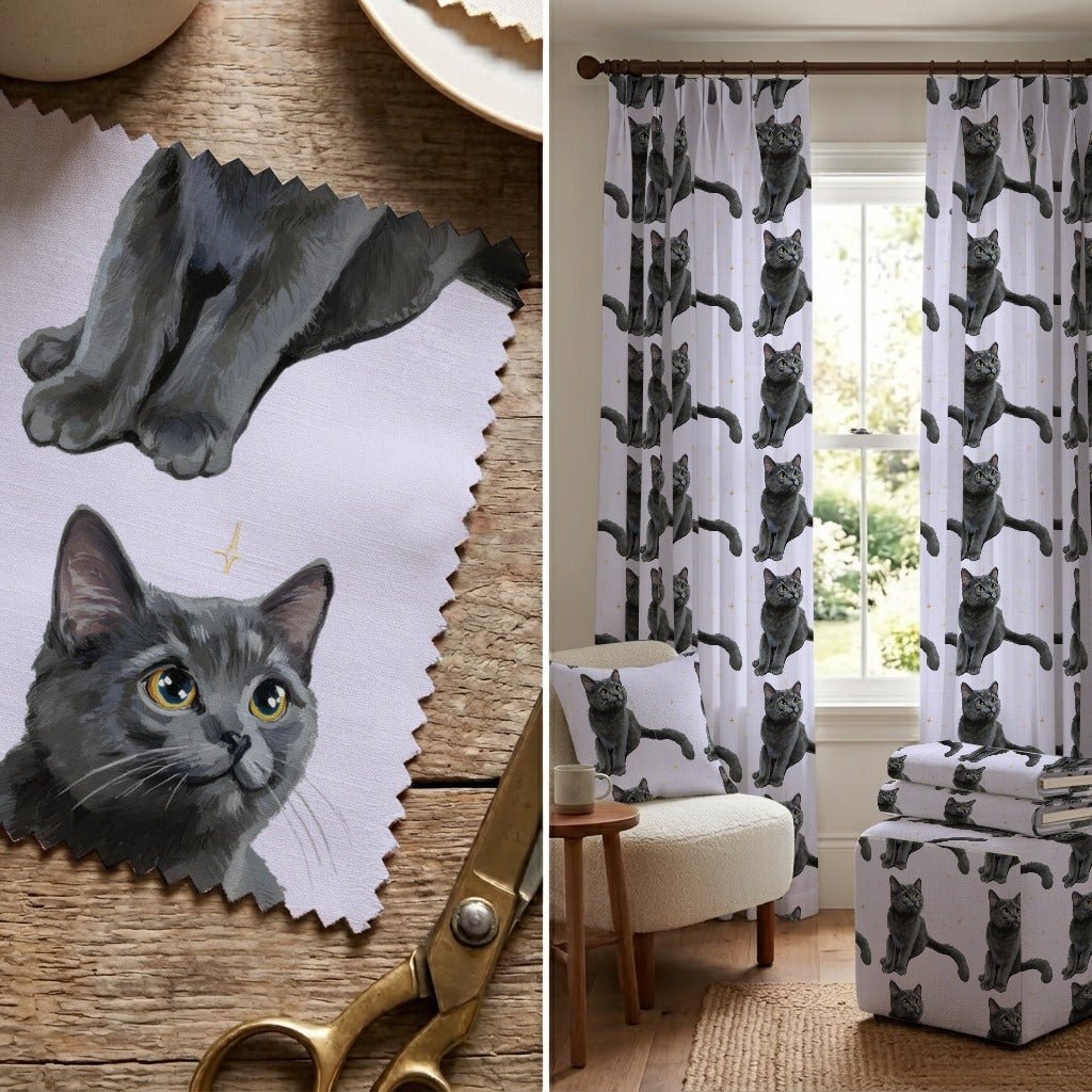 Russian Blue Cat Stars - Fabric - Linen Rowe