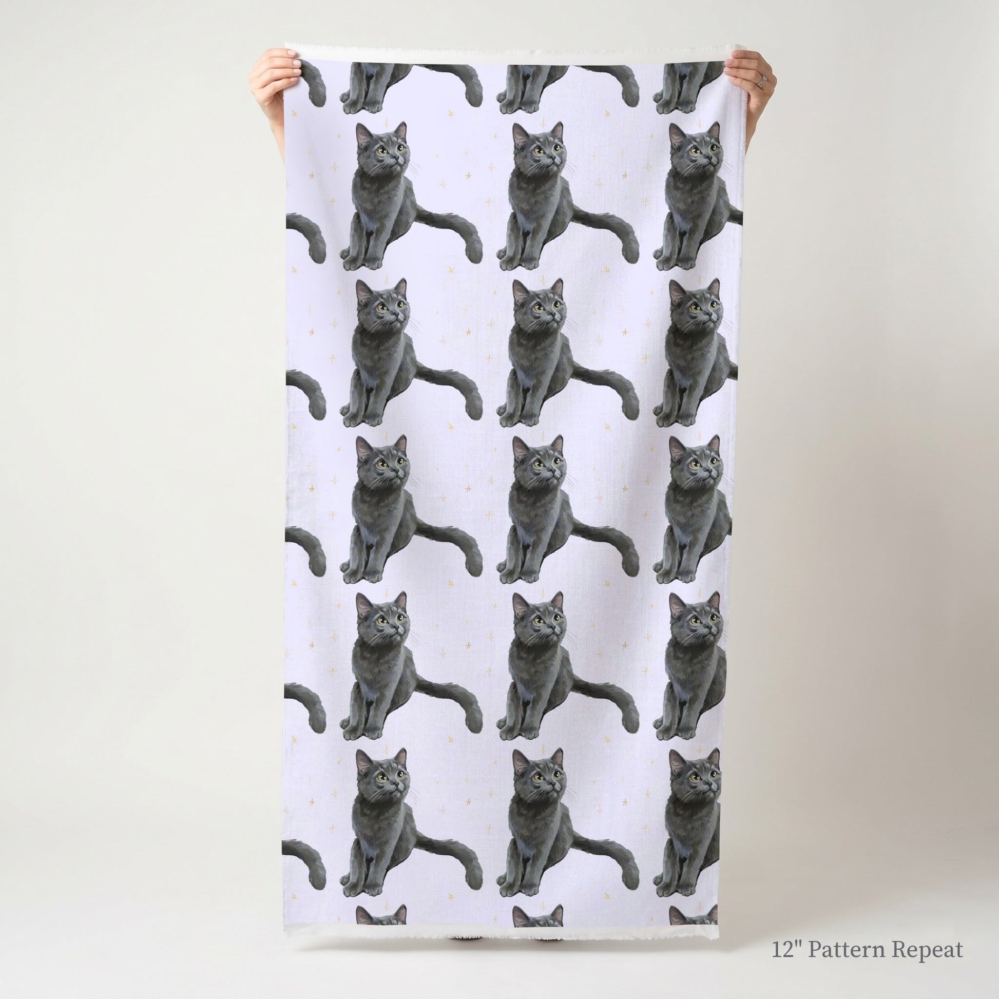 Russian Blue Cat Stars - Fabric - Linen Rowe
