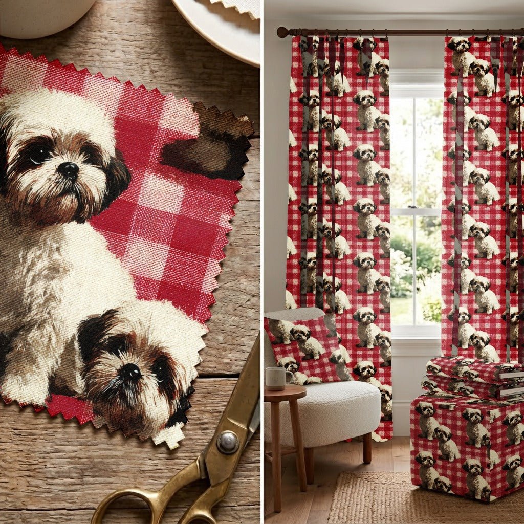Shih Tzu Picnic Gingham - Fabric - Linen Rowe