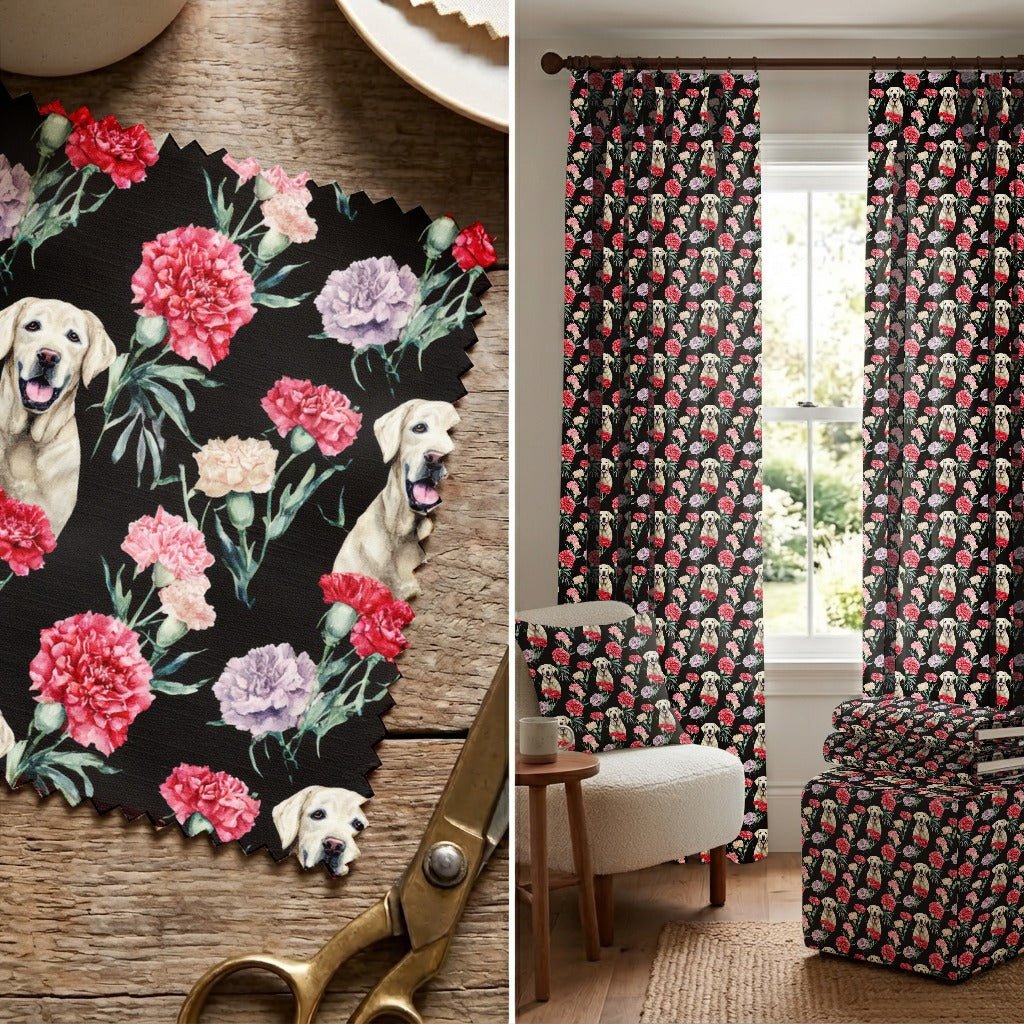 Yellow Labs and Carnations - Fabric - Linen Rowe